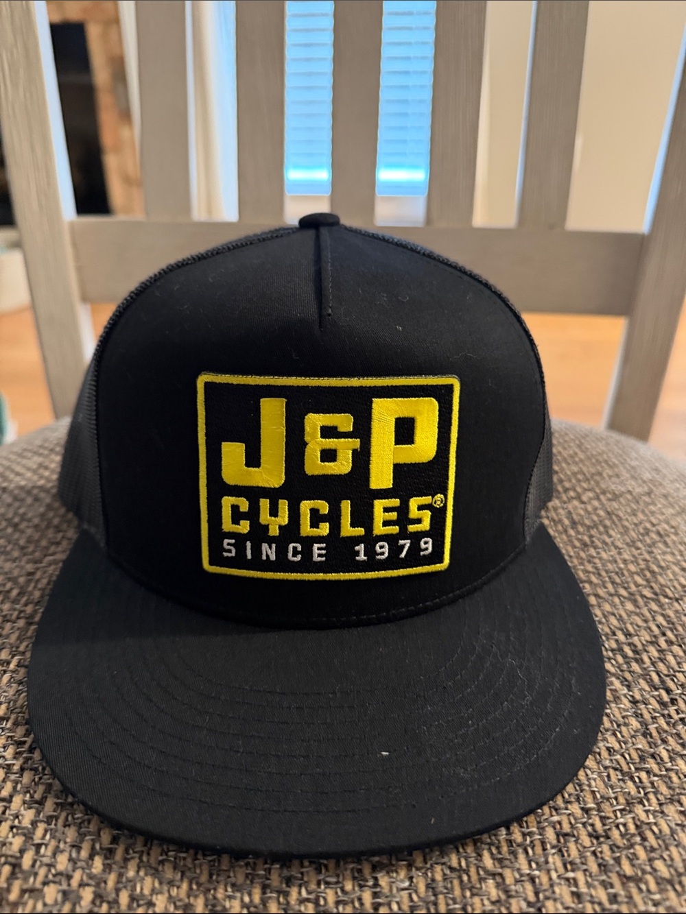 J&P Cycles Black Trucker Hat with Yellow Logo